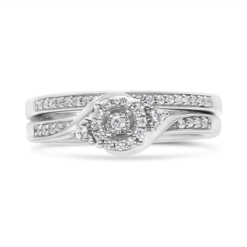 Bids.com .925 Sterling Silver 1/4 Cttw Diamond Halo and Swirl Engagement Ring and Wedding Band Set (I-J Color, I3 Clarity)- Ring Size 7 Rings
