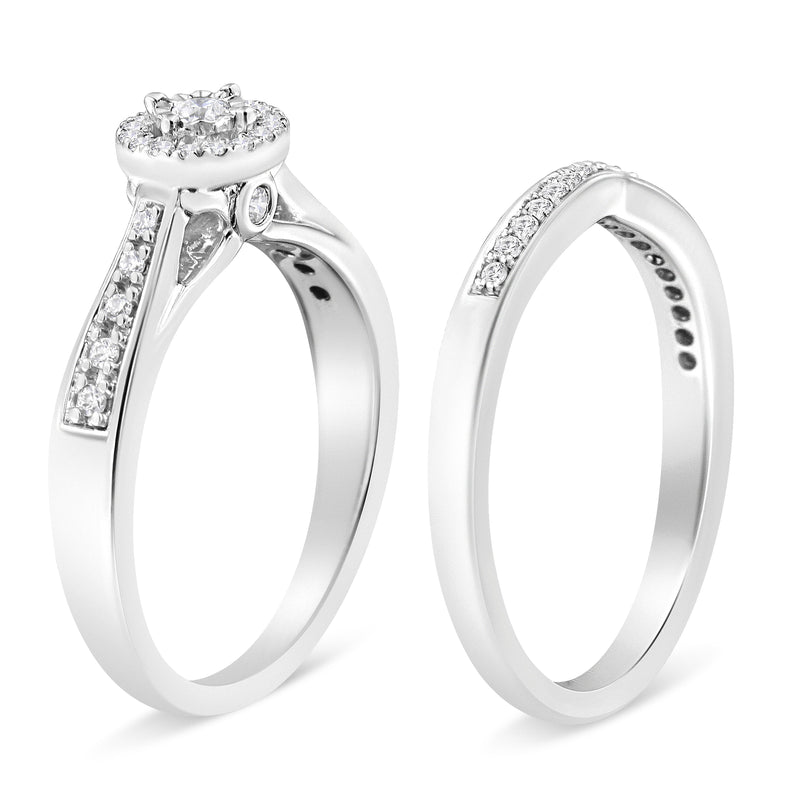 Bids.com .925 Sterling Silver 1/3 Cttw Diamond Halo and Pave Shank Engagement Ring Set (I-J Color, I3 Clarity) - Ring Size 7 Rings