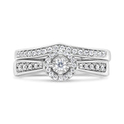 Bids.com .925 Sterling Silver 1/3 Cttw Diamond Halo and Pave Shank Engagement Ring Set (I-J Color, I3 Clarity) - Ring Size 7 Rings
