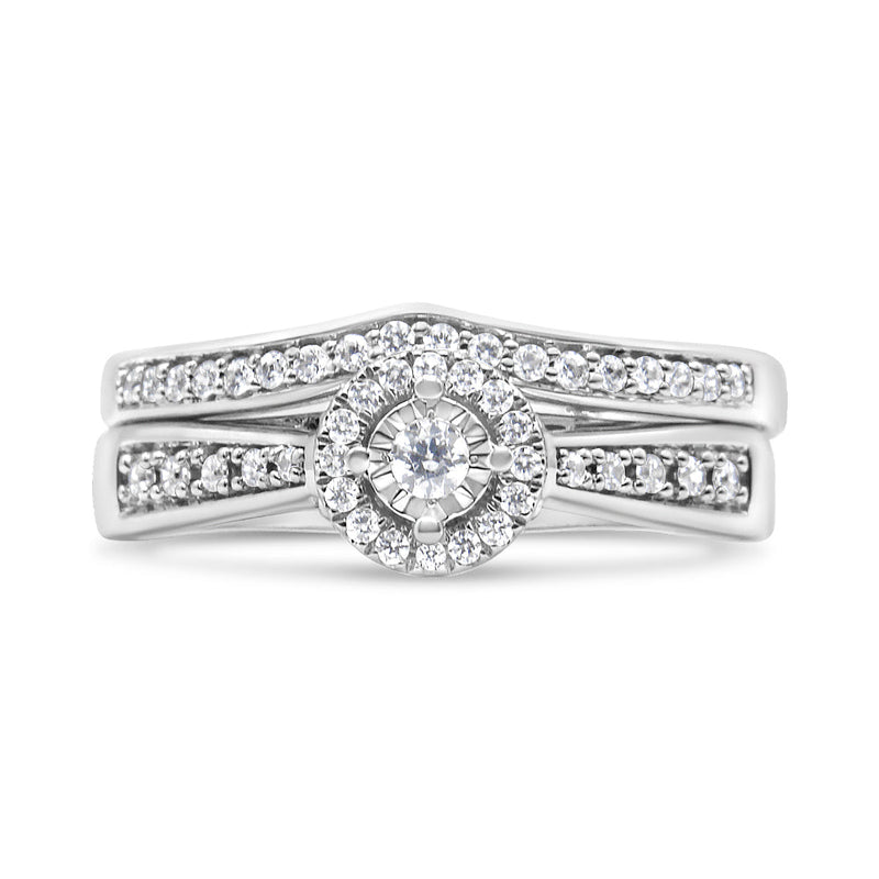 Bids.com .925 Sterling Silver 1/3 Cttw Diamond Halo and Pave Shank Engagement Ring Set (I-J Color, I3 Clarity) - Ring Size 7 Rings