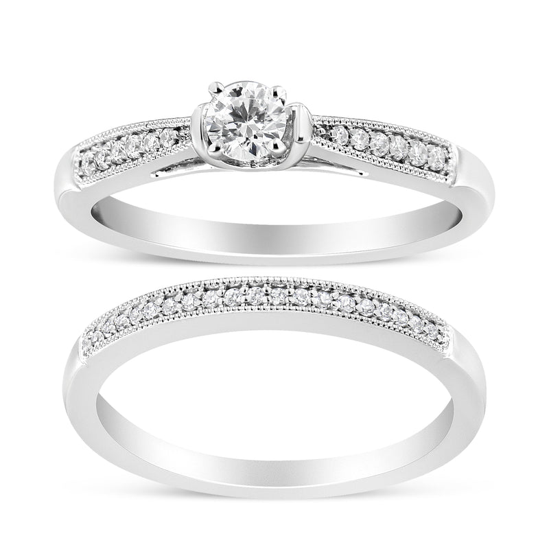 Bids.com .925 Sterling Silver 1/3 Cttw Diamond Classic Engagement Ring Bridal Set with Milgrain (I-J Color, I3 Clarity) - Ring Size 7 Rings