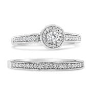 Bids.com .925 Sterling Silver 1/2 Ctw Diamond Halo and Milgrain Engagement Ring Bridal Set (I-J Color, I3 Clarity) - Ring Size 7 Rings