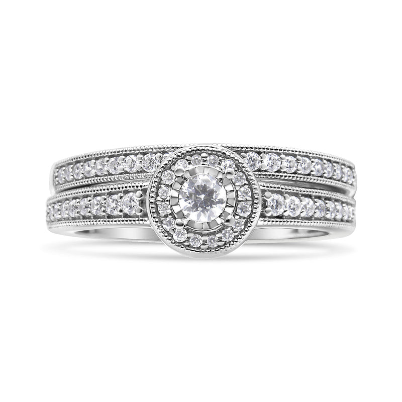 Bids.com .925 Sterling Silver 1/2 Ctw Diamond Halo and Milgrain Engagement Ring Bridal Set (I-J Color, I3 Clarity) - Ring Size 7 Rings