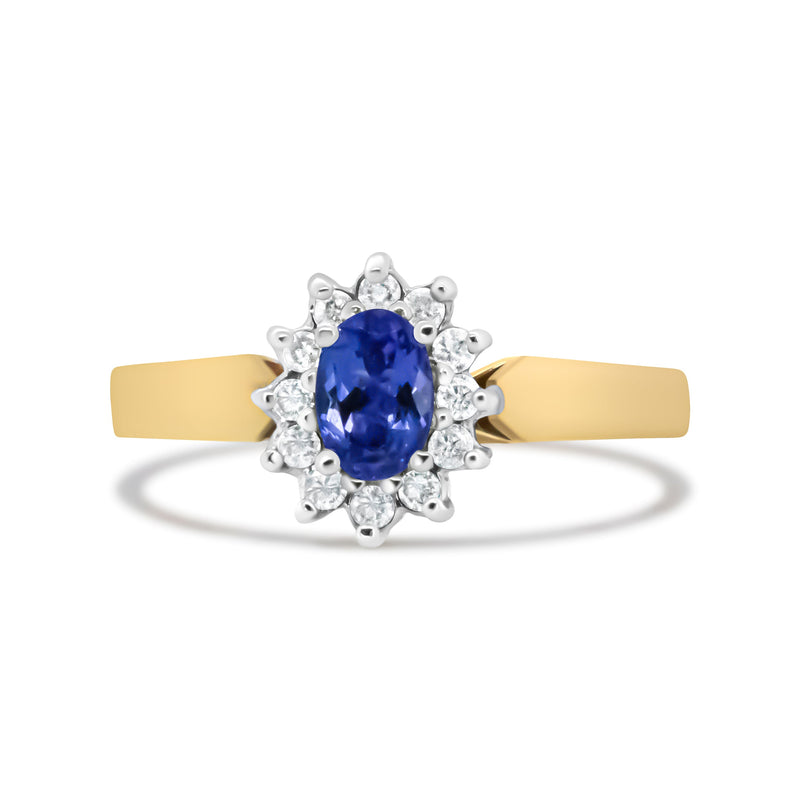 Bids.com 14K Yellow Gold 1/5 Cttw Round Diamond and 6x4mm Oval Blue Tanzanite Halo Ring (H-I Color, I1-I2 Clarity) - Size 7.75 Rings
