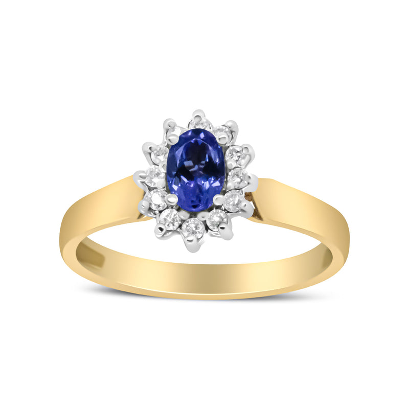 Bids.com 14K Yellow Gold 1/5 Cttw Round Diamond and 6x4mm Oval Blue Tanzanite Halo Ring (H-I Color, I1-I2 Clarity) - Size 7.75 Rings