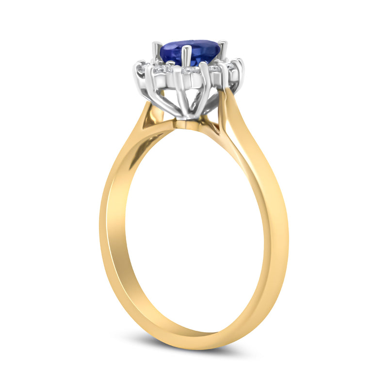 Bids.com 14K Yellow Gold 1/5 Cttw Round Diamond and 6x4mm Oval Blue Tanzanite Halo Ring (H-I Color, I1-I2 Clarity) - Size 7.75 Rings