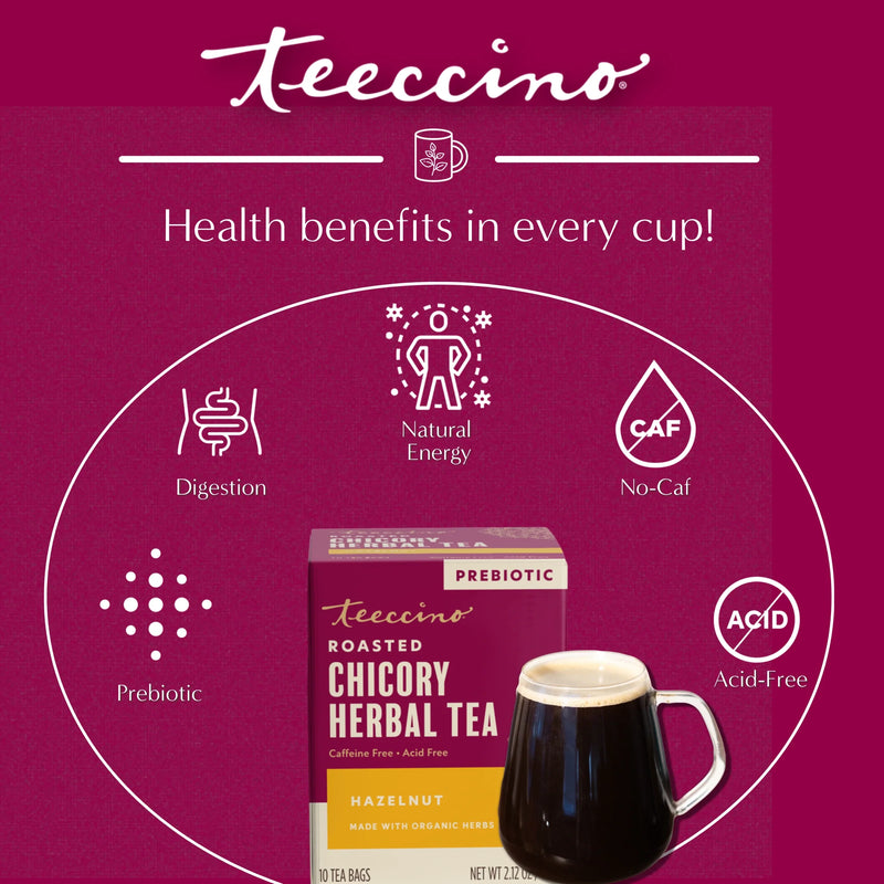Teeccino Hazelnut Roasted Herbal Tea Herbal Tea Brown 25 tea bags,10 tea bags,50 tagless tea bags