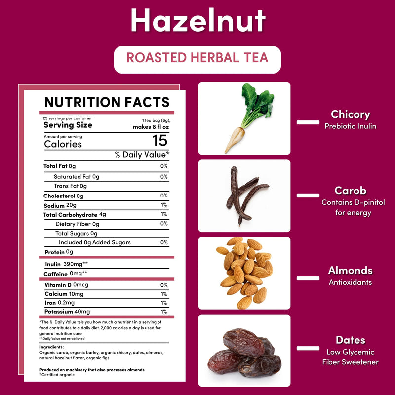 Teeccino Hazelnut Roasted Herbal Tea Herbal Tea Brown 25 tea bags,10 tea bags,50 tagless tea bags