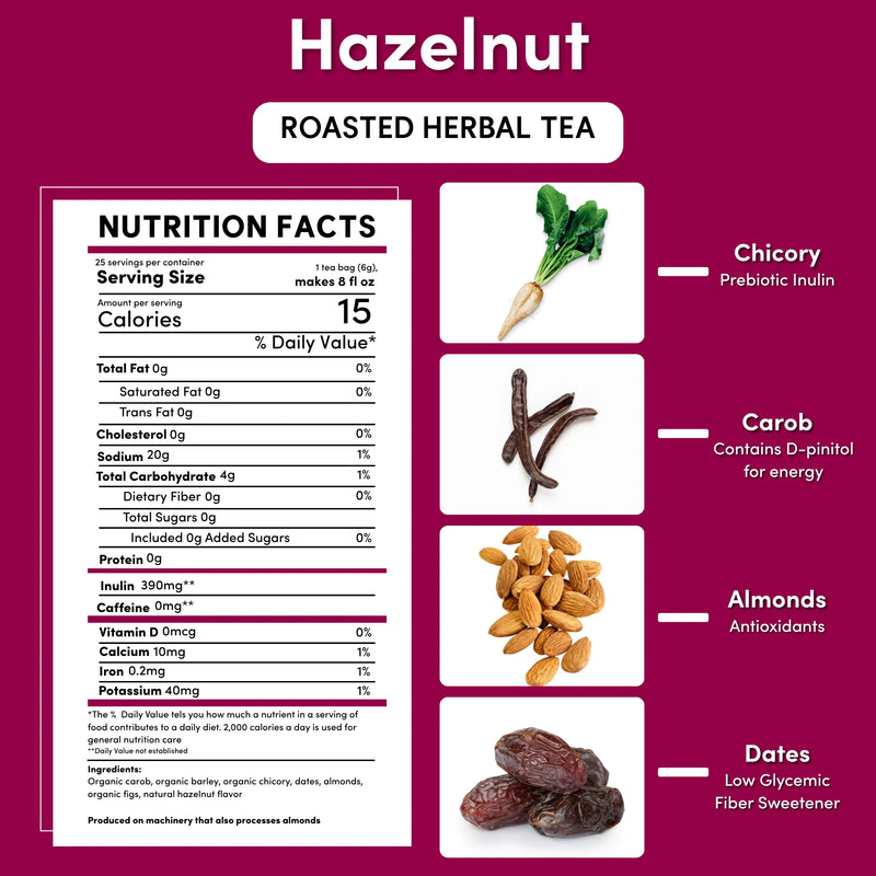 Teeccino Hazelnut Roasted Herbal Tea Herbal Tea Brown 25 tea bags,10 tea bags,50 tagless tea bags