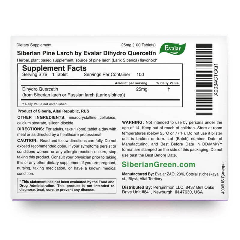 SiberianGreen.com Siberian Pine Larch by Evalar Dihydro Quercetin 100 Tabs Herbs