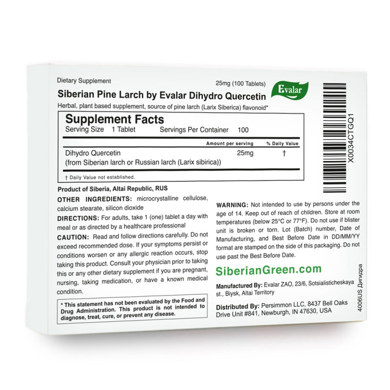 SiberianGreen.com Siberian Pine Larch by Evalar Dihydro Quercetin 100 Tabs Herbs