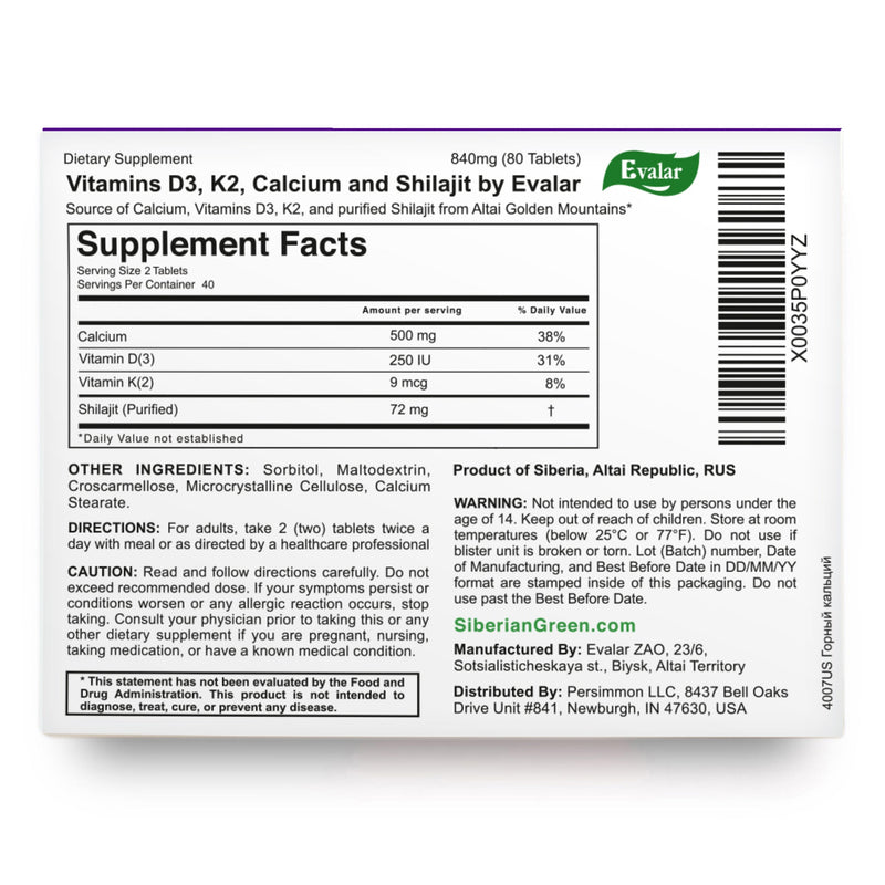 SiberianGreen.com Mountain Calcium with Vitamins D3 + K2 and Shilajit - 80 Tablets | Evalar Herbs