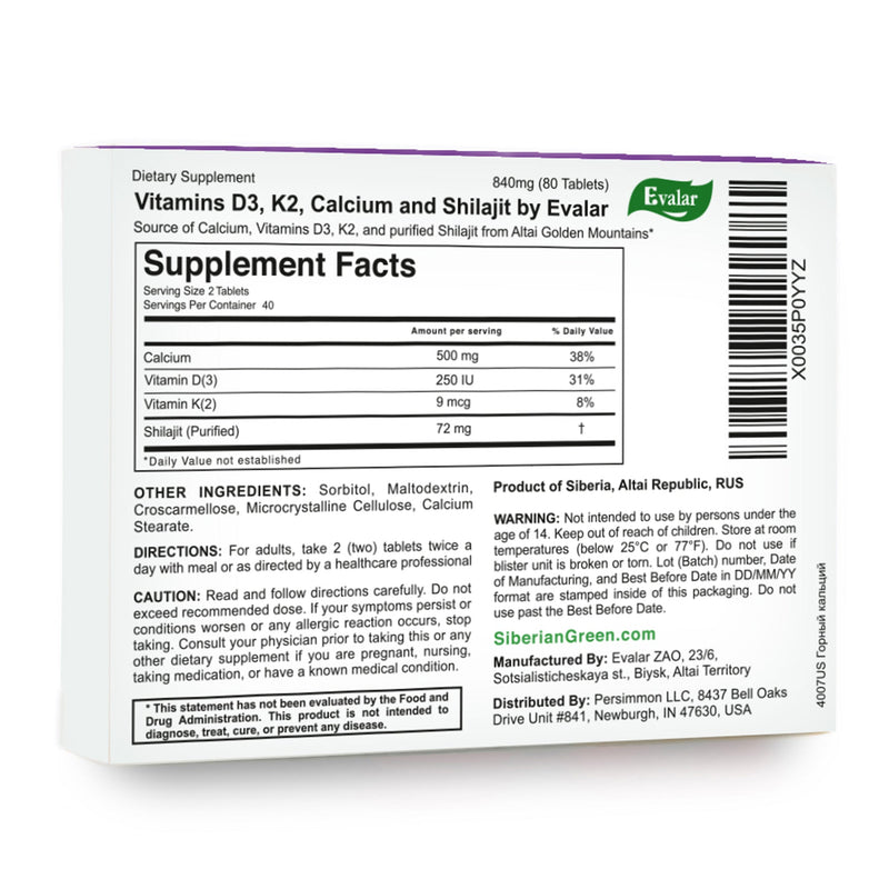 SiberianGreen.com Mountain Calcium with Vitamins D3 + K2 and Shilajit - 80 Tablets | Evalar Herbs
