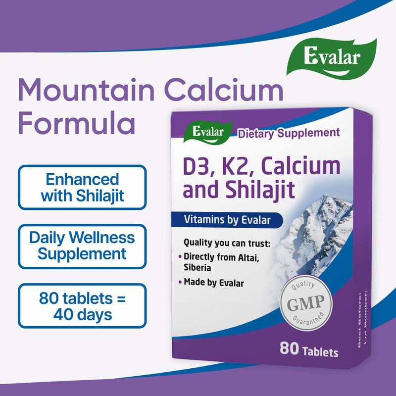 SiberianGreen.com Mountain Calcium with Vitamins D3 + K2 and Shilajit - 80 Tablets | Evalar Herbs
