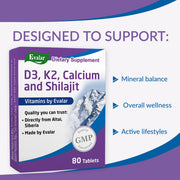 SiberianGreen.com Mountain Calcium with Vitamins D3 + K2 and Shilajit - 80 Tablets | Evalar Herbs