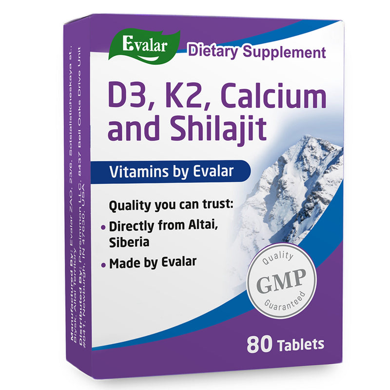 SiberianGreen.com Mountain Calcium with Vitamins D3 + K2 and Shilajit - 80 Tablets | Evalar Herbs