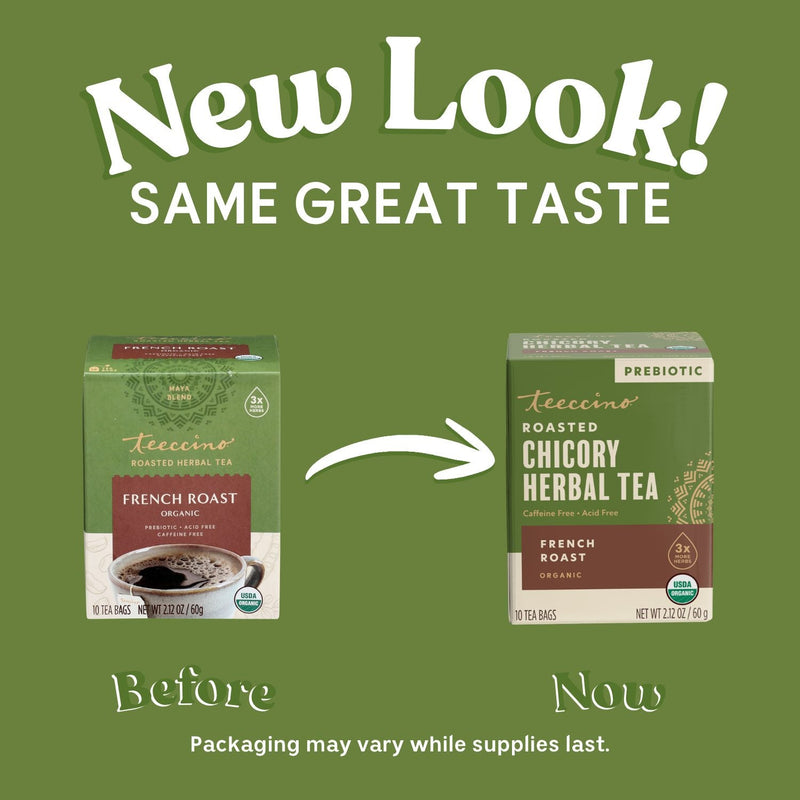 Teeccino French Roast Roasted Herbal Tea Herbal Tea Dark Olive Green 25 tea bags,10 tea bags,50 tagless tea bags