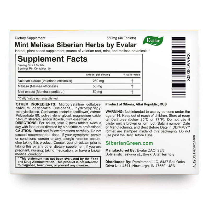 SiberianGreen.com Mint Melissa Herbs by Evalar 40 Tabs Herbs