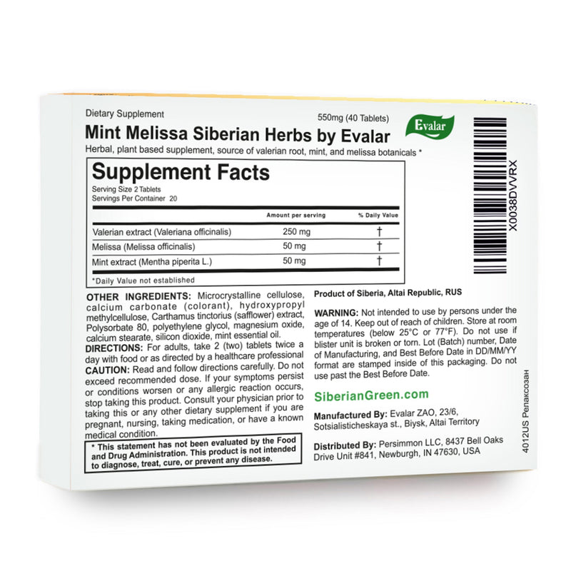 SiberianGreen.com Mint Melissa Herbs by Evalar 40 Tabs Herbs