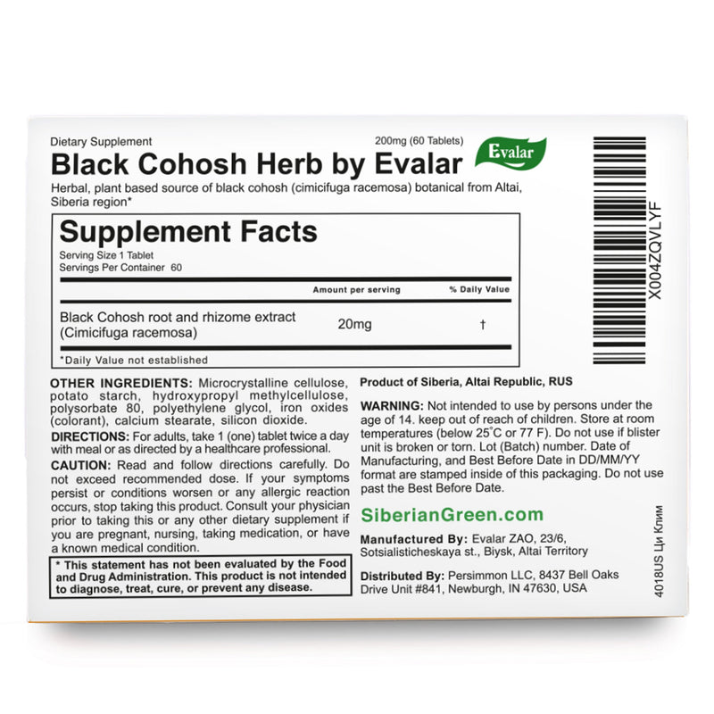 SiberianGreen.com Black Cohosh Herbal Extract by Evalar Ci-Klim 60 Tabs Herbs