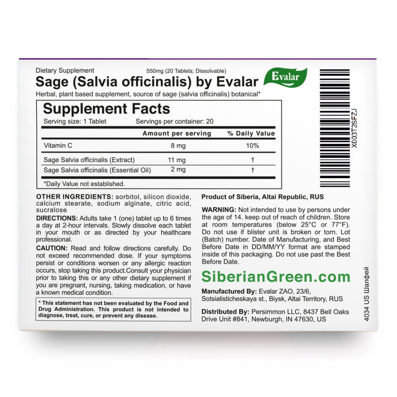 SiberianGreen.com Sage Salvia officinalis Herb by Evalar Dissolvable 20 Tabs Herbs
