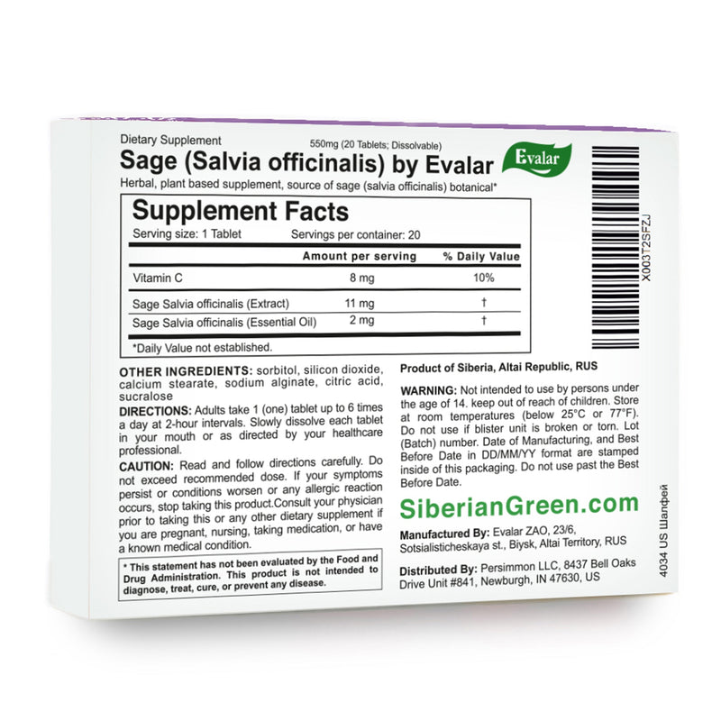 SiberianGreen.com Sage Salvia officinalis Herb by Evalar Dissolvable 20 Tabs Herbs