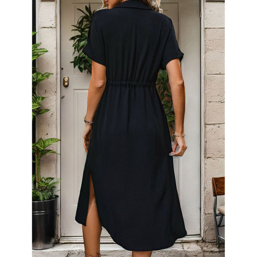 Slit Drawstring Button Up Short Sleeve Midi Dress