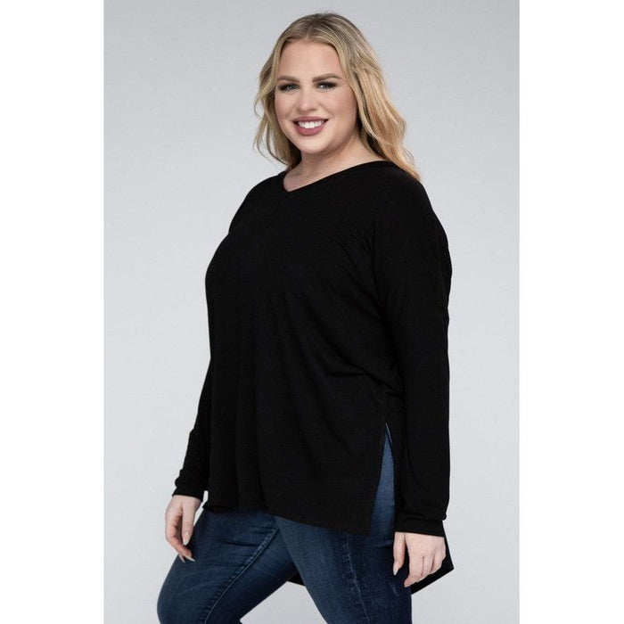 Plus Dolman Sleeve V-Neck Side Slit Hi-Low Hem Top