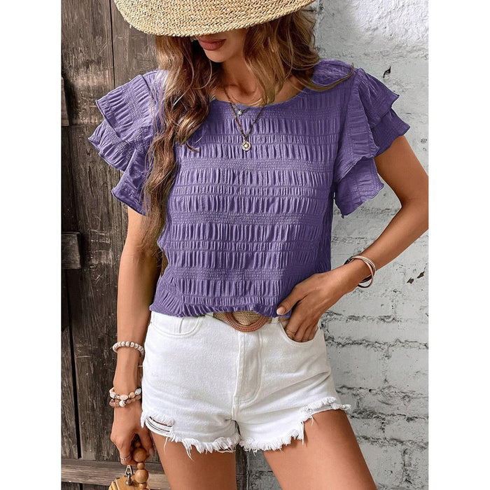 Round Neck Flounce Sleeve Blouse