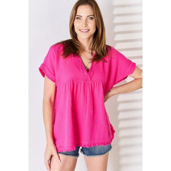 Zenana Raw Hem Short Sleeve Top