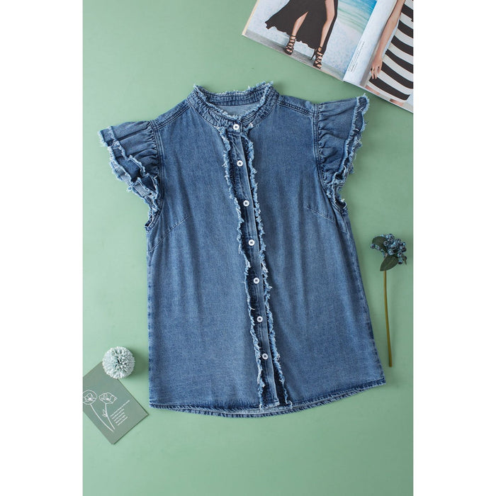 Raw Hem Button Up Cap Sleeve Denim Top