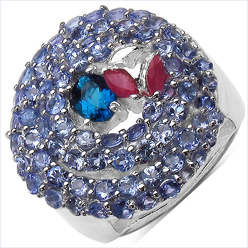 Bids.com 3.31 Carat Genuine London Blue Topaz , Ruby & Tanzanite .925 Sterling Silver Ring Rings