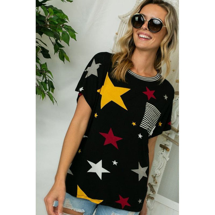 STAR PRINT STRIPE JERSEY POCKET TOP