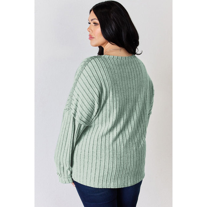 Basic Bae Ribbed Half Button Long Sleeve T-Shirt