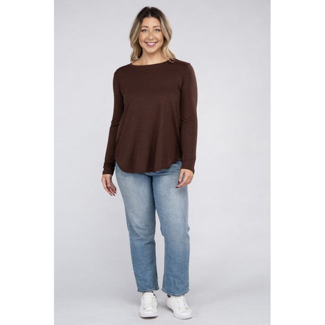 Plus Long Sleeve Round Neck Round Hem Top