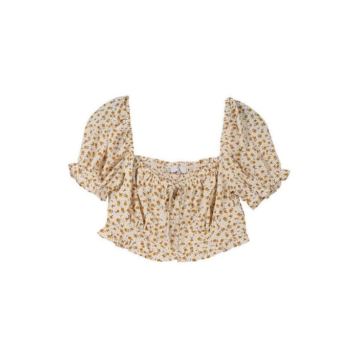 Lilou Ruched Puff Sleeve Yellow Floral Print Crop Top