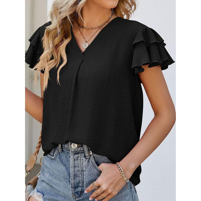 Ruffled V-Neck Cap Sleeve Blouse