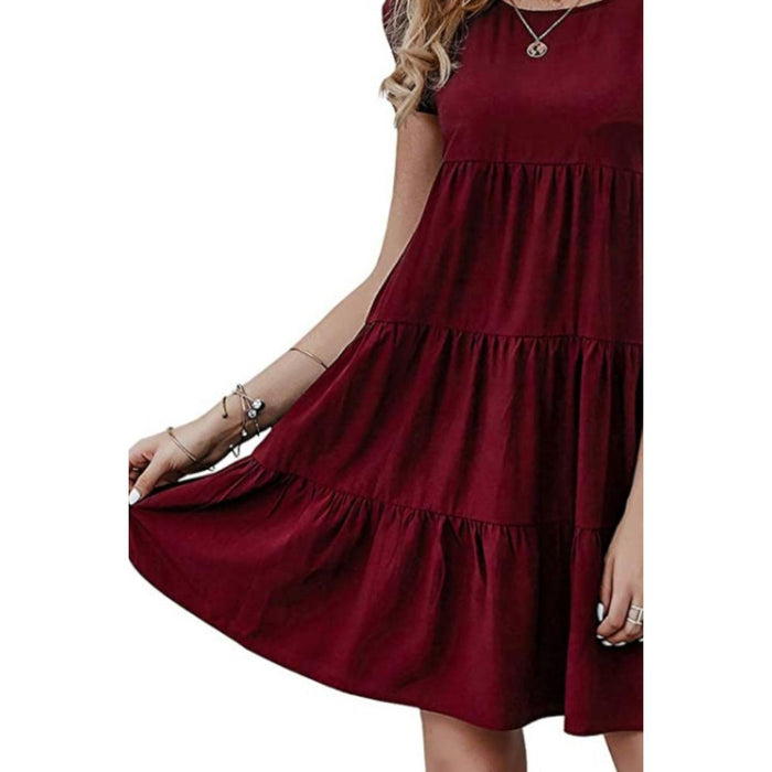 Ruffled Round Neck Cap Sleeve Mini Dress