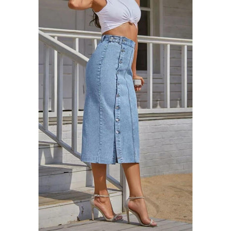 Button Fly Split Denim Skirt