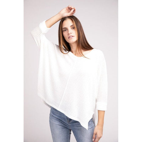 3/4 Sleeve V-Neck Hi-Low Hem Jacquard Sweater