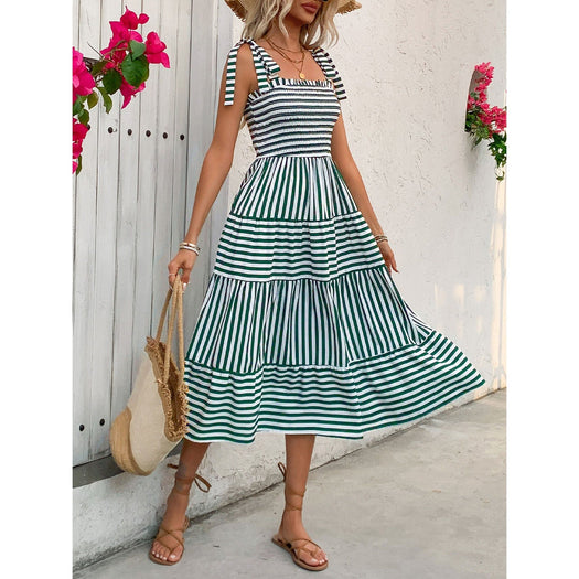 Smocked Striped Square Neck Midi Dress