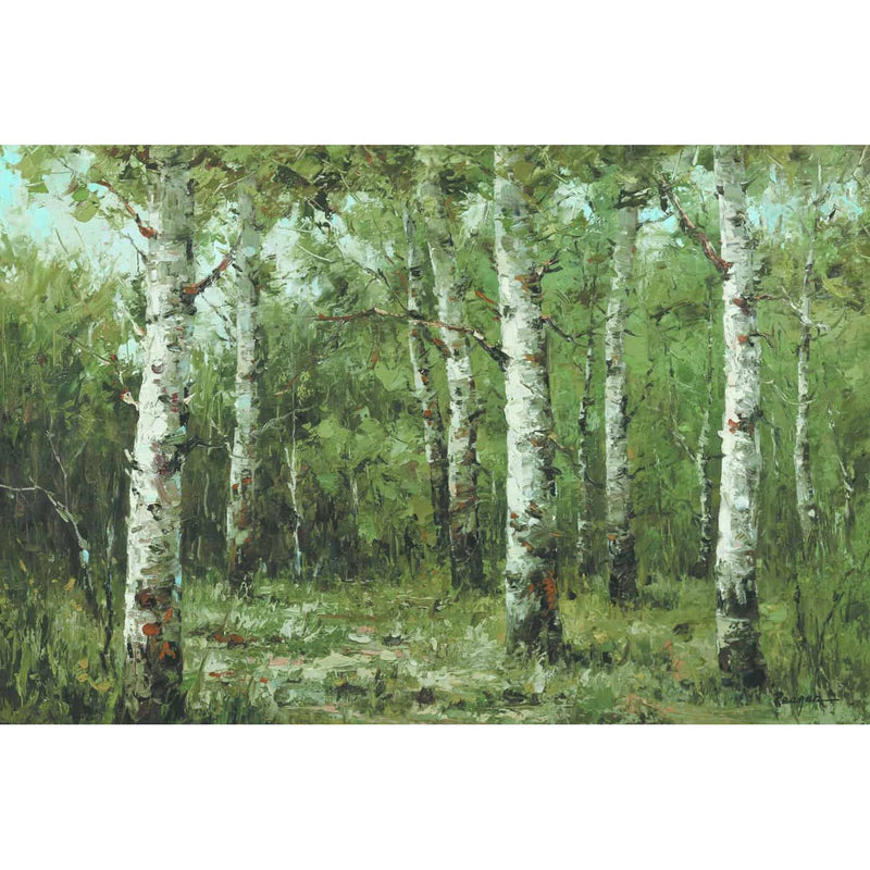 Nava Beauty Original Oil Painting of Birch Trees Dark Olive Green