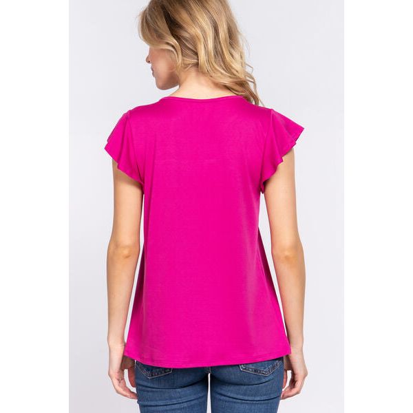 ACTIVE BASIC Ruffle Short Sleeve Lace Detail Knit Top