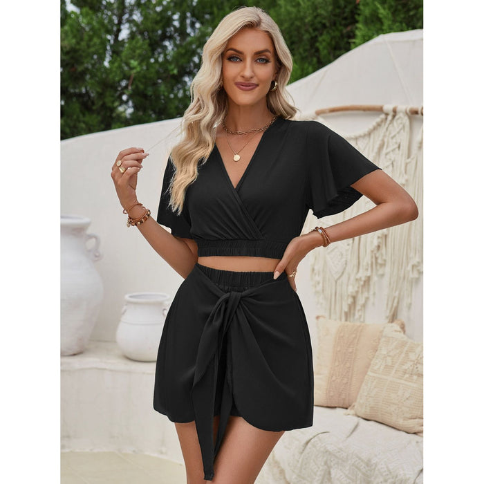 Surplice Flutter Sleeve Top and Tied Shorts Set