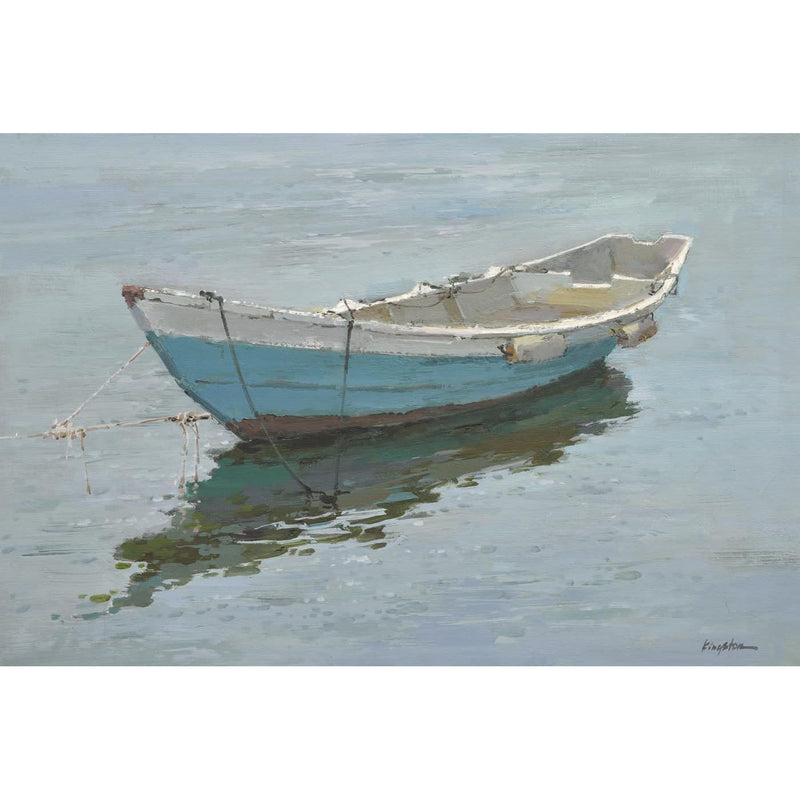 Nava Beauty Original Oil Painting of Blue Boat Dark Gray