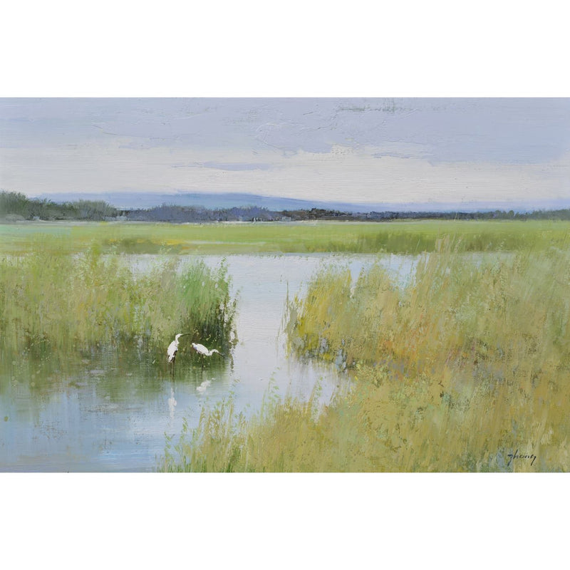 Nava Beauty Original Oil Painting of Marsh with egrets Gray