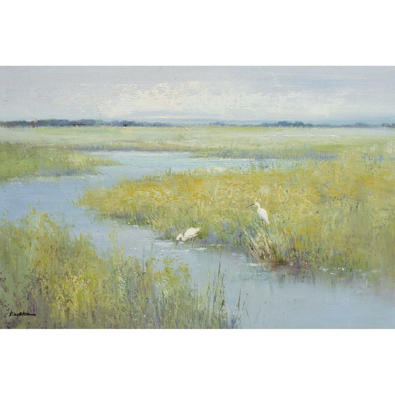 Nava Beauty Original Oil Painting of Egrets In Water Dark Gray