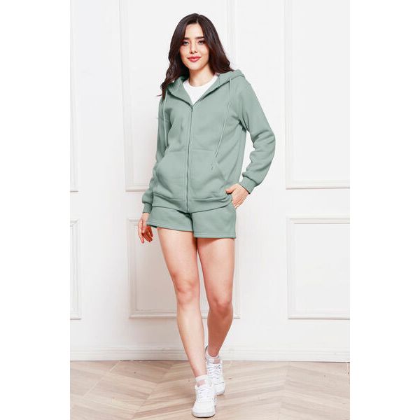 Zip Up Drawstring Hoodie and Shorts Set