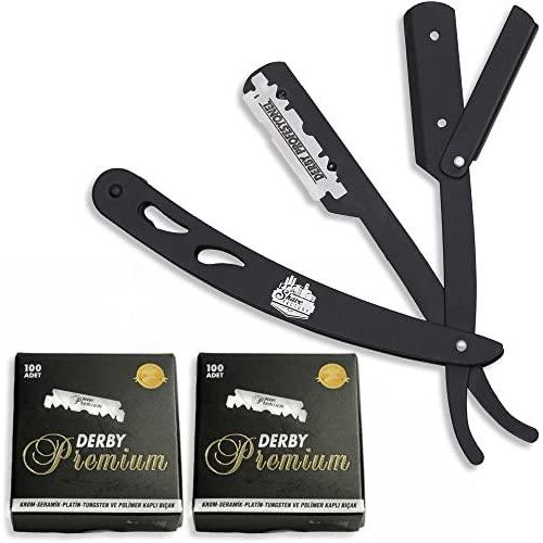The Shave Factory Straight Edge Razor Kit (Black / 200 Derby Premium Single Edge Razor Blades)