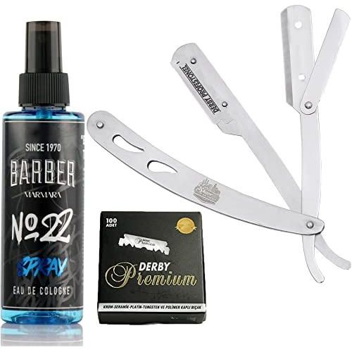 Barbersets - The Shave Factory Straight Edge Razor Kit (Steel Razor/Barber No22 50Ml Cologne / 100 Derby Premium Single Edge Razor Blades)